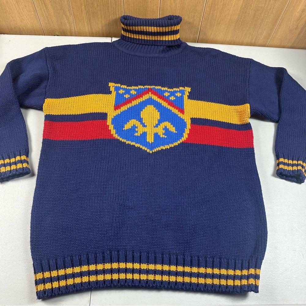 Vintage 80s Sweater Men’s Size Medium Blue Knit Crest Preppy Prep School